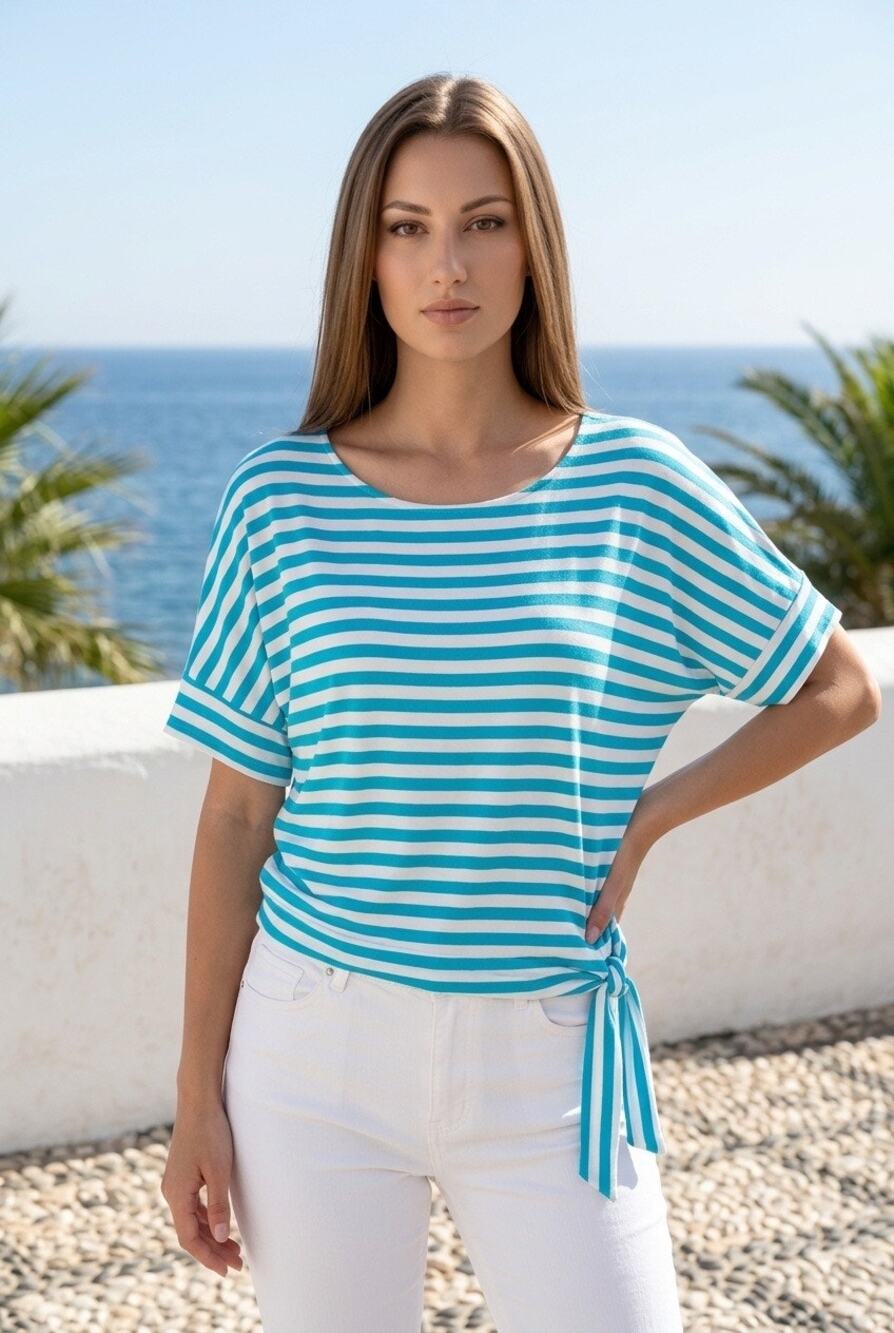 Chico's Striped Dolman Sleeve Top Womens Large Side Tie Coastal Dressy Feminine